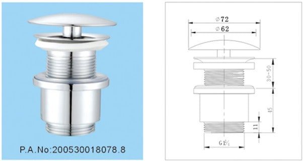 Design Ablaufventil mit Permanentablauf, ohne Überlauf, massiv Messing verchromt 6104 - Olotos-Obenlotos GmbH